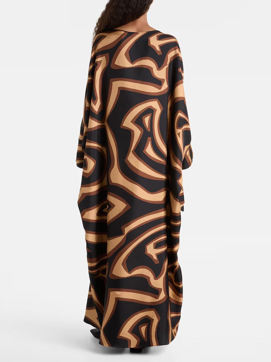 Retro Geometric Abstract Swirling Print Satin Robe Dress