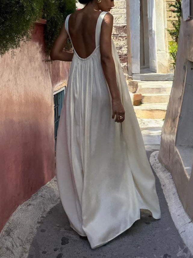 Elegant Satin Square Neckline Flowing Pleated Halter Dress