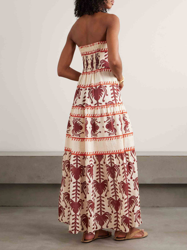 Elegant Strapless Ethnic Print Tiered Maxi Dress