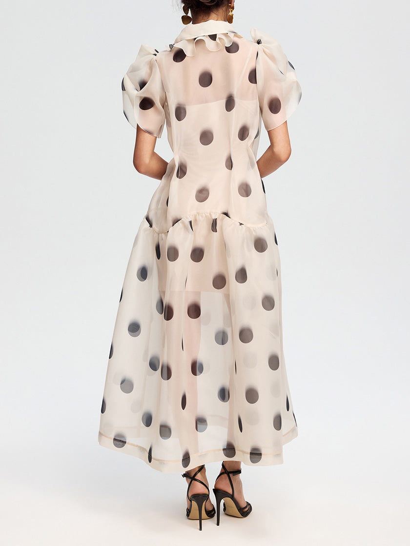 Elegant Polka Dot Organza Puff Sleeve Midi Dress