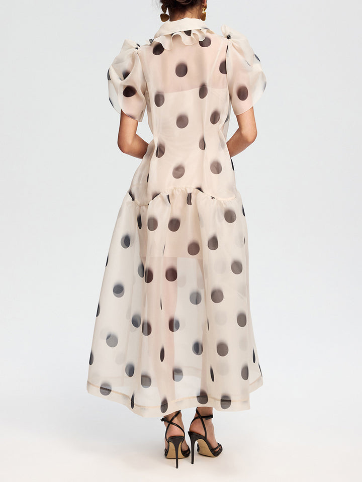 Elegant Polka Dot Organza Puff Sleeve Midi Dress