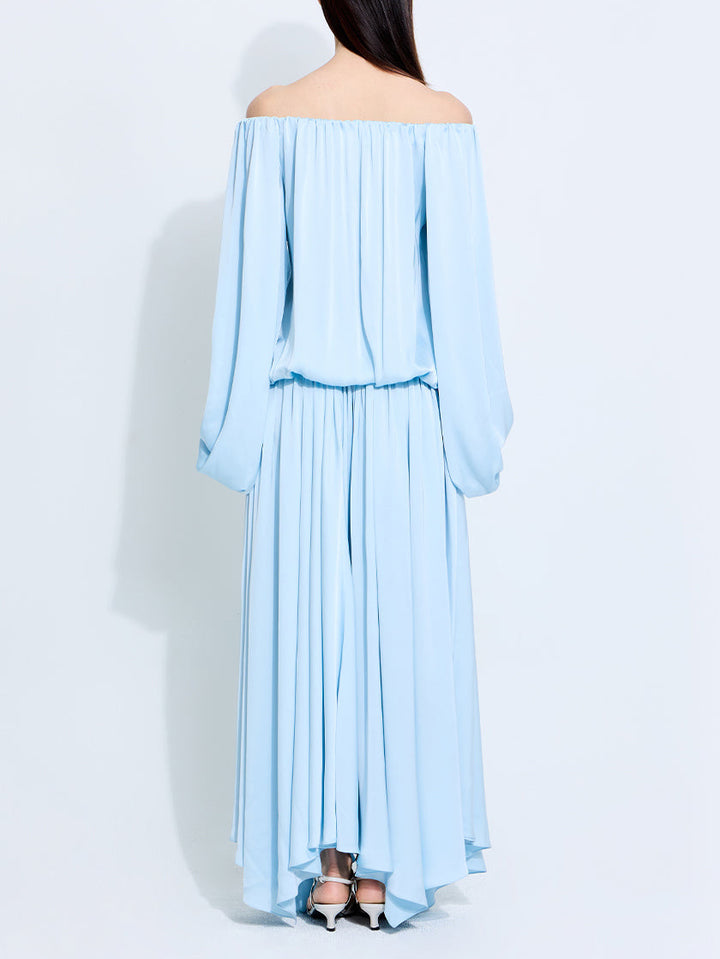 Elegant Satin Off-Shoulder Flowing Maxi Dress
