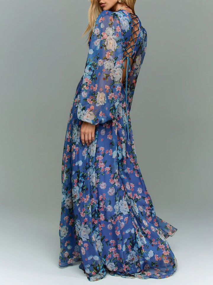 Elegant Floral Print Cutout Waist Long Sleeve Chiffon Maxi Dress
