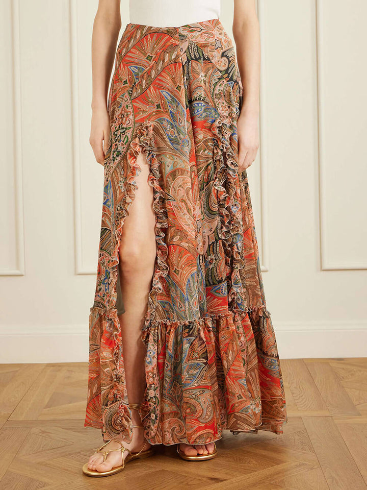 Exquisite Floral Print Ruffle Slit Maxi Skirt