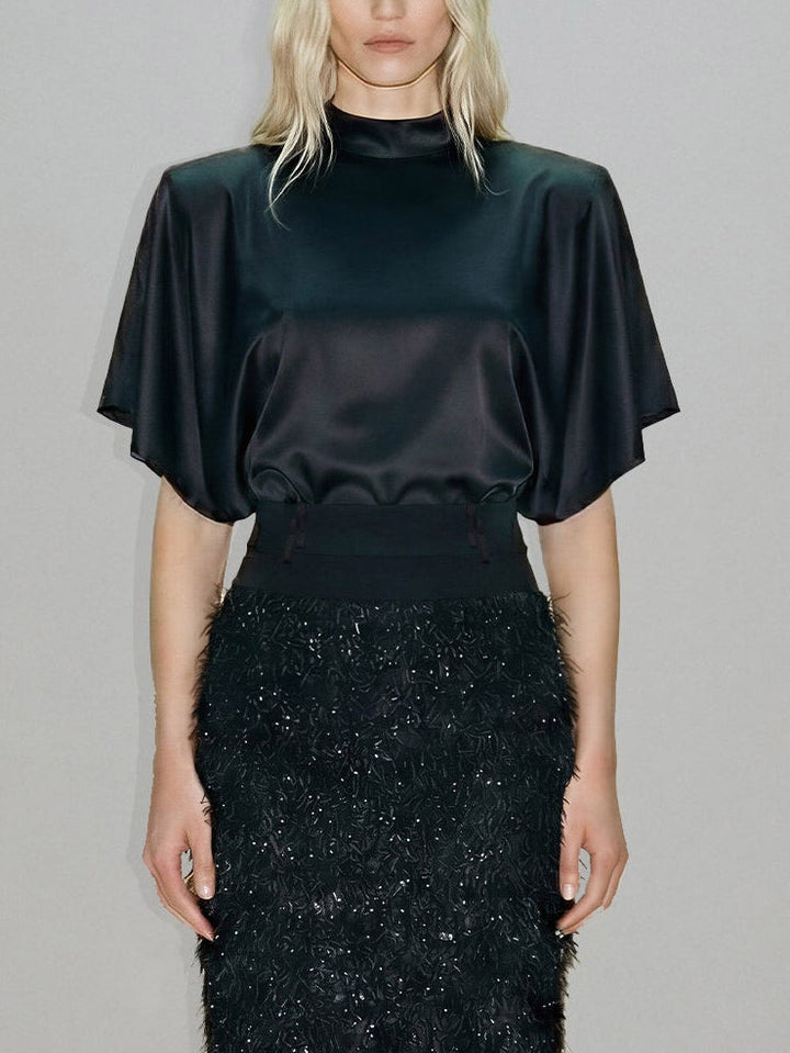 Elegant Satin Top & Sequin Feather Midi Skirt Two-Piece Set