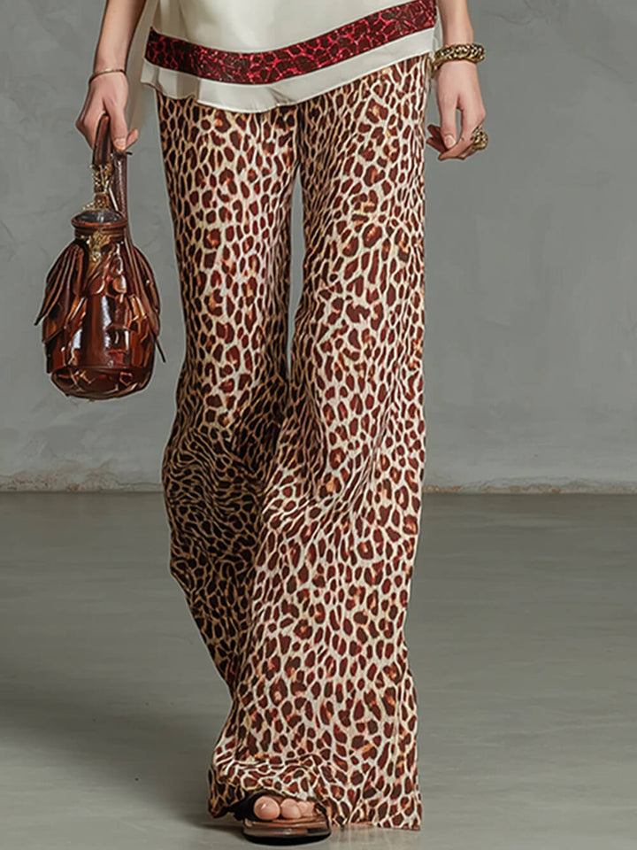 Fashion Leopard Print Chiffon Top And Elastic Waist Wide-Leg Pants Set