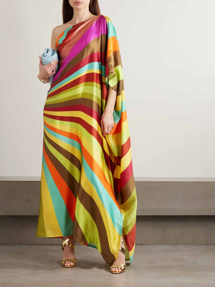 Elegant One-Shoulder Draped Colorful Stripe Print Satin Maxi Dress