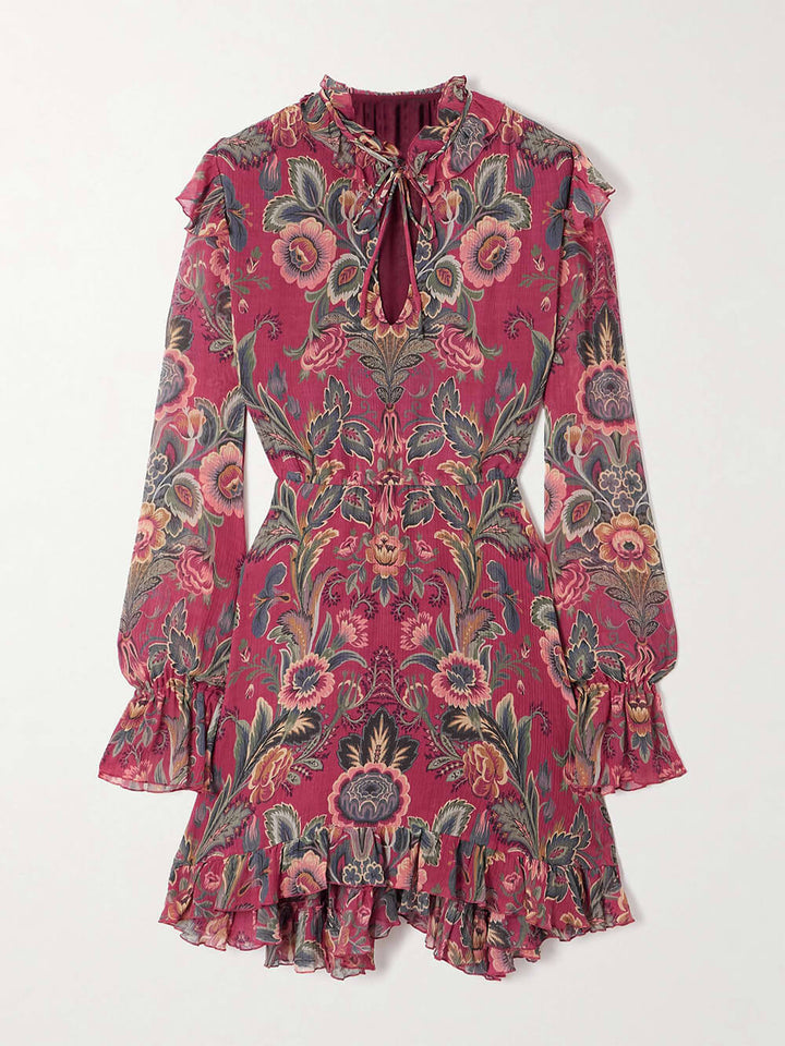Boho Ruffle Trim Printed Crinkled Mini Dress