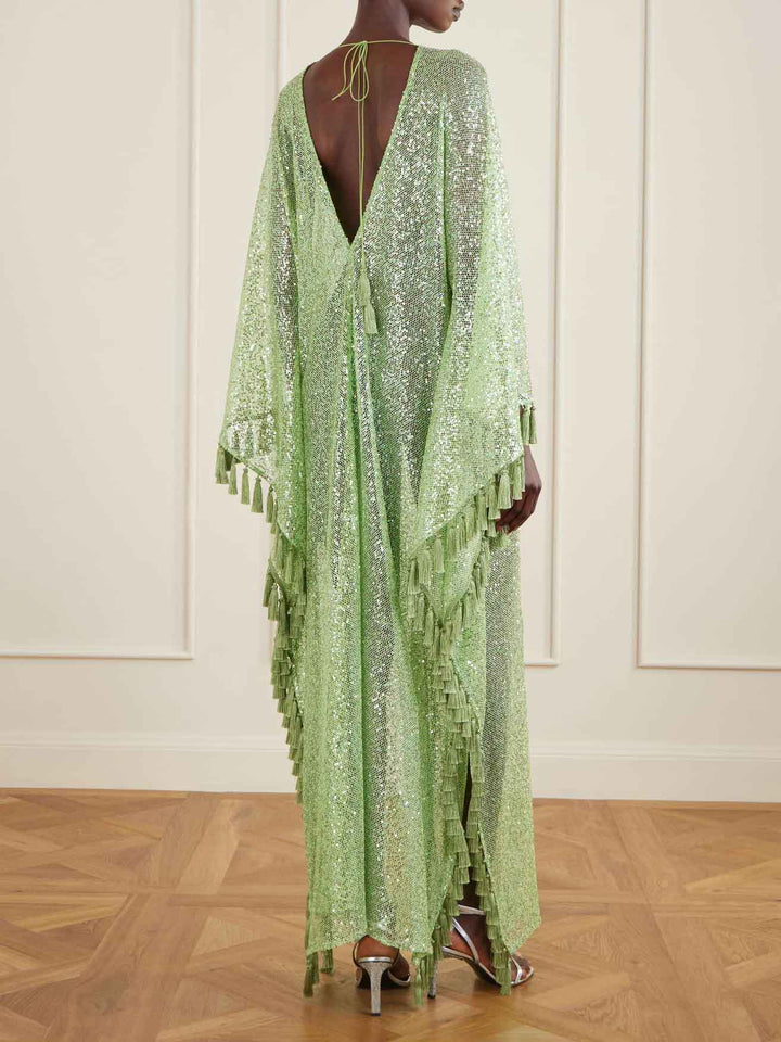 Sequin Deep V-Neck Fringe Kaftan Maxi Dress