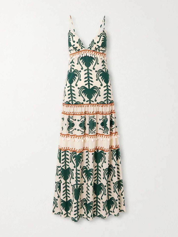 Casual Palm Tree Print V-Neck Tiered Maxi Dress