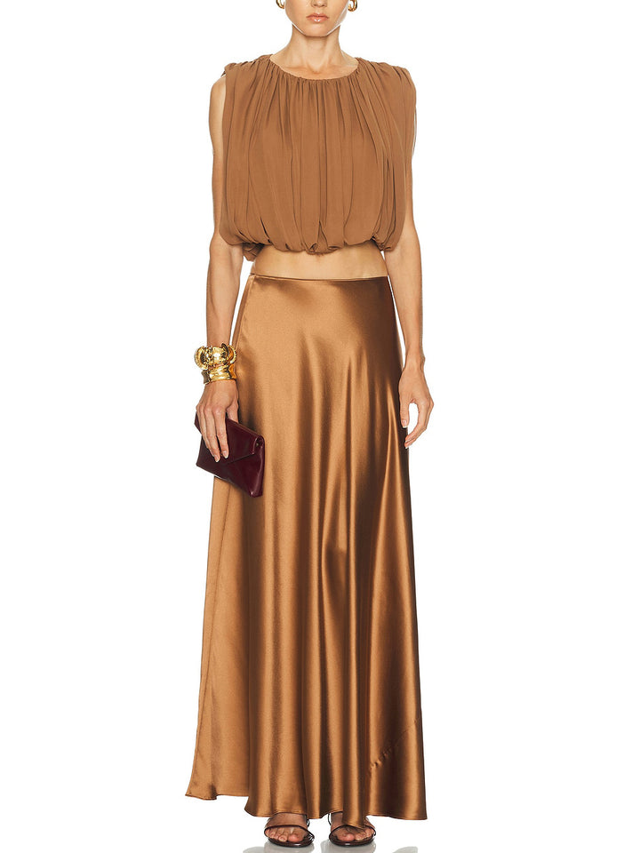 Elegant Ruched Crop Top & Satin Midi Skirt Set