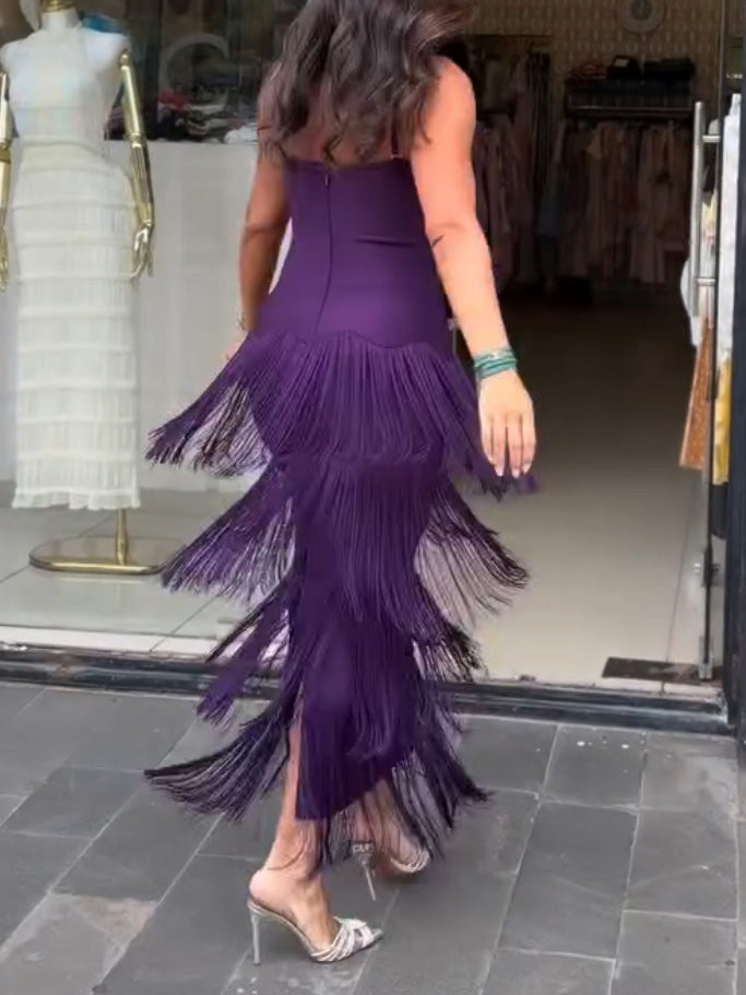 Elegant Layered Fringe Spaghetti Strap Maxi Dress