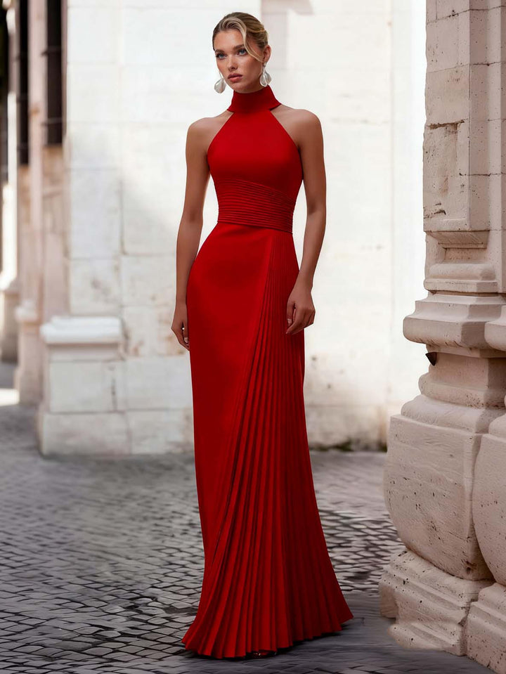 Elegant Halter Pleated Maxi Dress