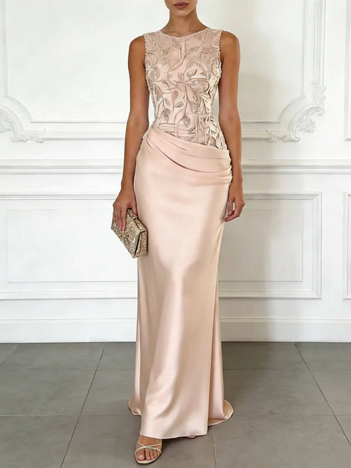Elegant Light Pink Embroidery Satin Crew Neck Sleeveless Sheath Maxi Dress