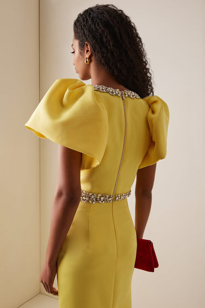 Exquisite Rhinestone-Embellished Puff Sleeve Top And Slit Maxi Skirt Set