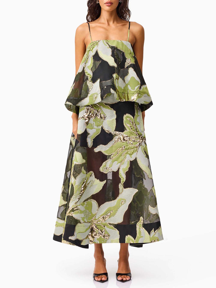 Elegant Jacquard Layered Spaghetti Strap Maxi Dress