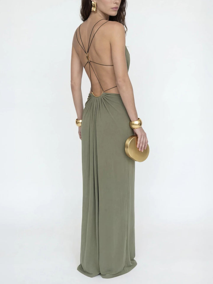Sexy Metal Chain Cut-Out Backless Lace-Up Draped Maxi Dress