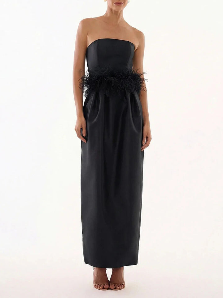 Elegant Strapless Feather Trim Evening Gown Maxi Dress