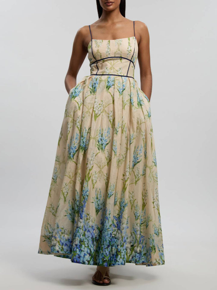 Elegant Square Neck Gradient Floral Spaghetti Strap Maxi Dress