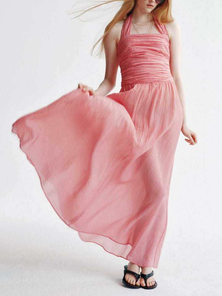 Elegant Halter Neck Ruched Waist Flowing Maxi Dress