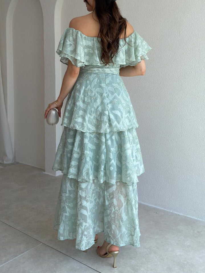 Exquisite Off-Shoulder Ruffle Belted Tiered Floral Lace Maxi Dress