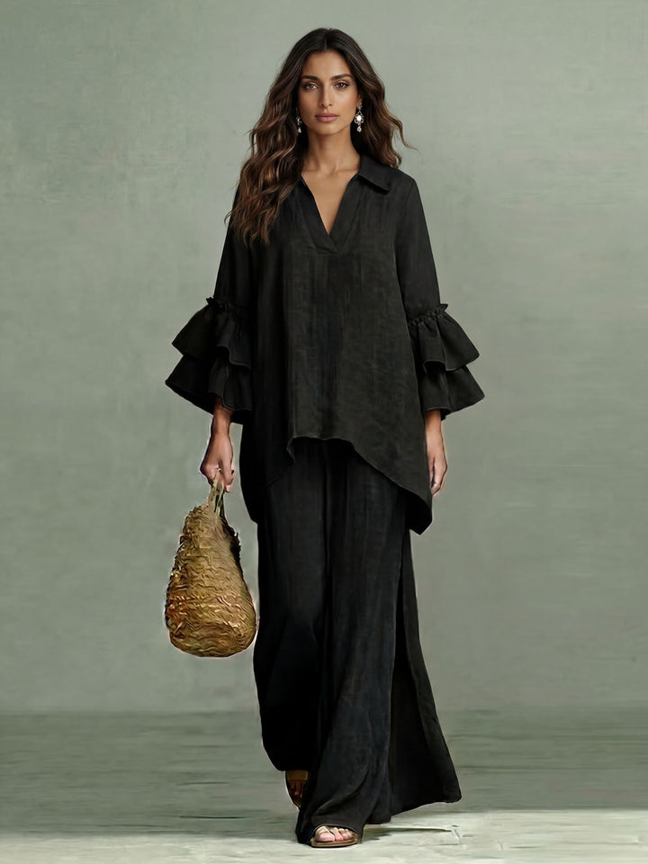 Casual Ruffle Sleeve V-Neck Top & High Waist Wide Leg Pants Set