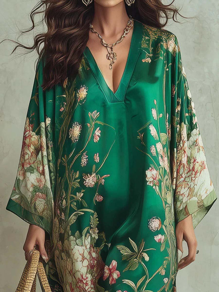 Elegant Floral Print Batwing Sleeve Maxi Dress