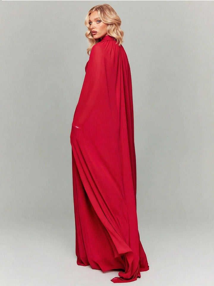 Elegant Strapless Ruched Maxi Dress With Flowing Cape