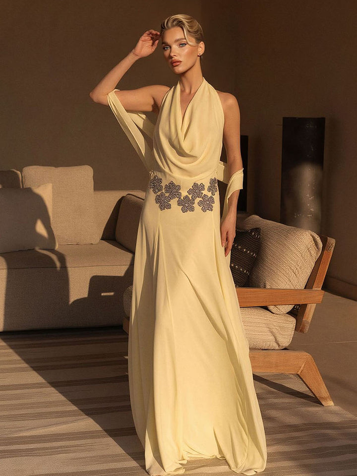 Elegant Draped Halter Embellished Maxi Dress