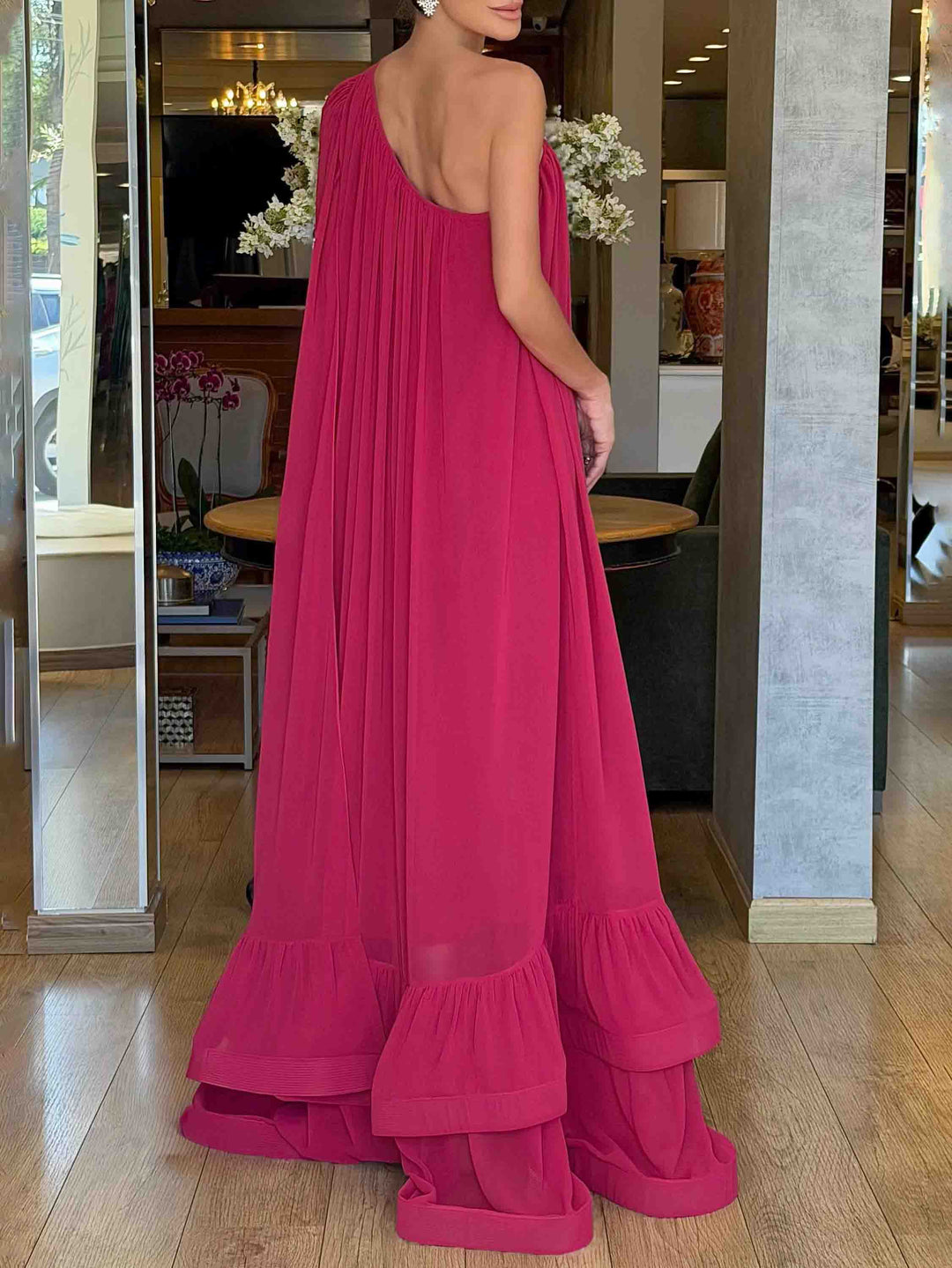 Elegant Flowy One-Shoulder Cape Sleeve Layered Maxi Dress