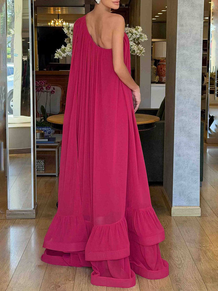 Elegant Flowy One-Shoulder Cape Sleeve Layered Maxi Dress
