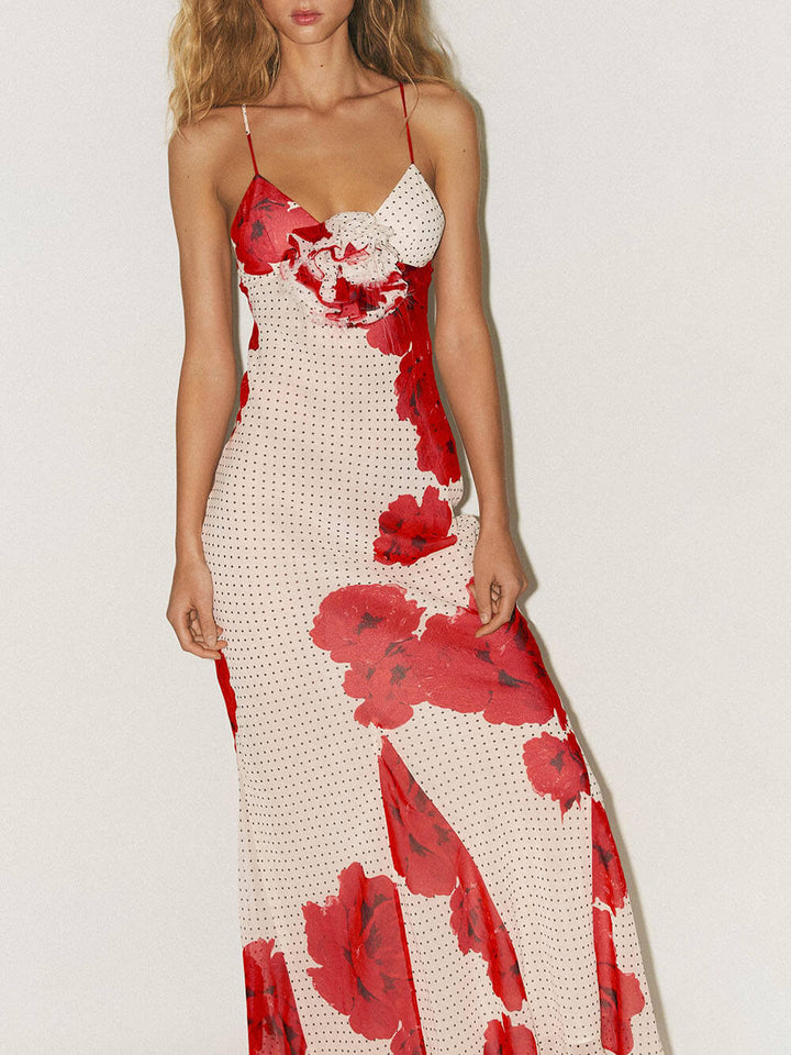 Elegant Poka Dot Floral Print  Flower Detail Slip Maxi Dress