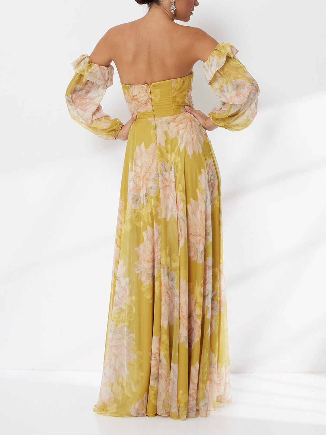 Elegant Floral Off-Shoulder Slit Chiffon Maxi Dress