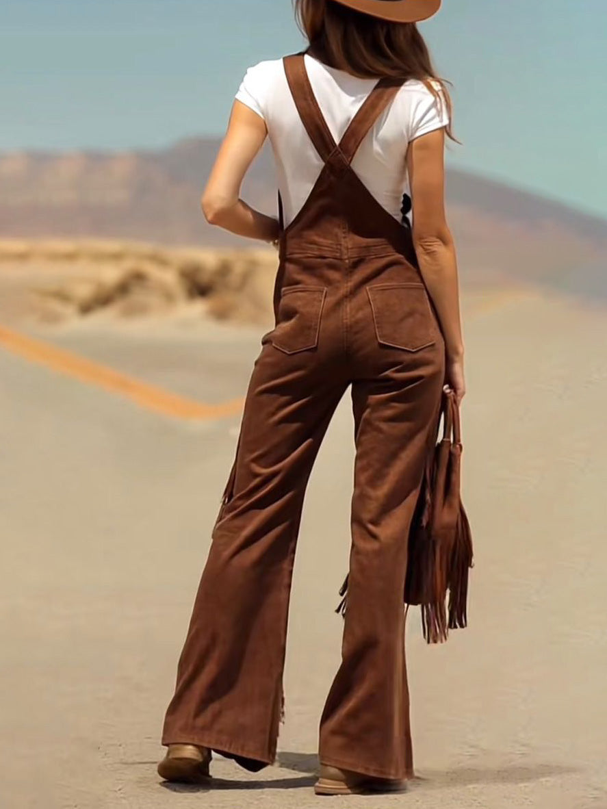 Retro Faux Suede Flared Overalls