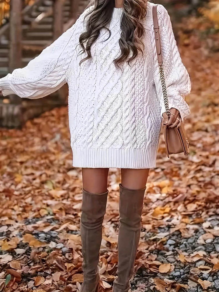Fashion Chunky Cable Knit Round Neck Oversized Sweater Mini Dress