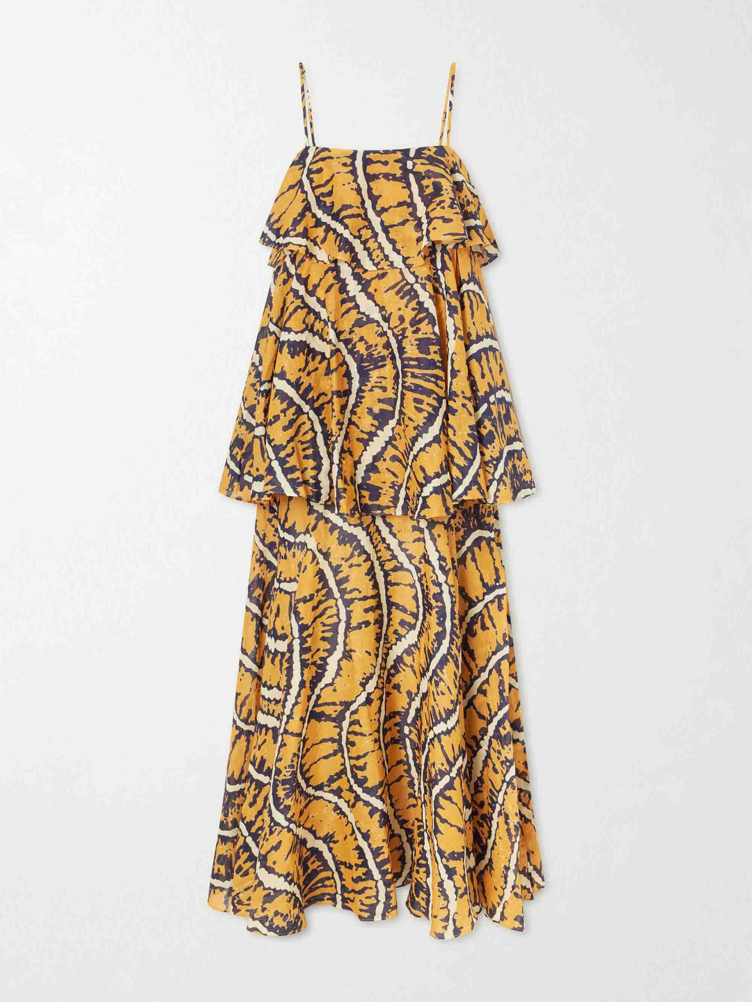 Elegant Abstract Print Tiered Spaghetti Strap Maxi Dress