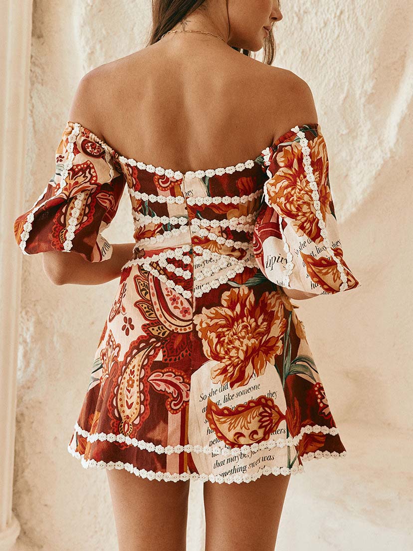 Exquisite Bohemian Paisley Print Off-Shoulder Mini Dress