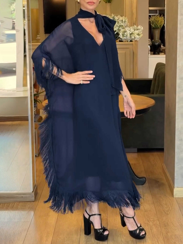 Elegant Flowy Chiffon Fringe Kaftan Maxi Dress