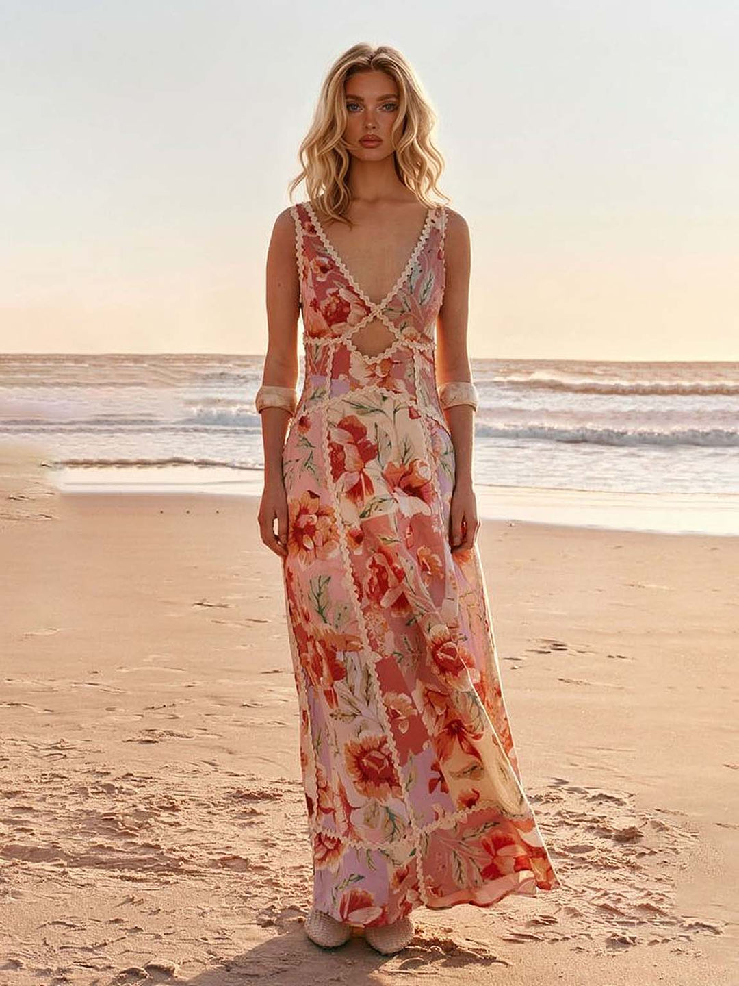 Exquisite Printed Cutout V-Neck Lace Trim Maxi Dress