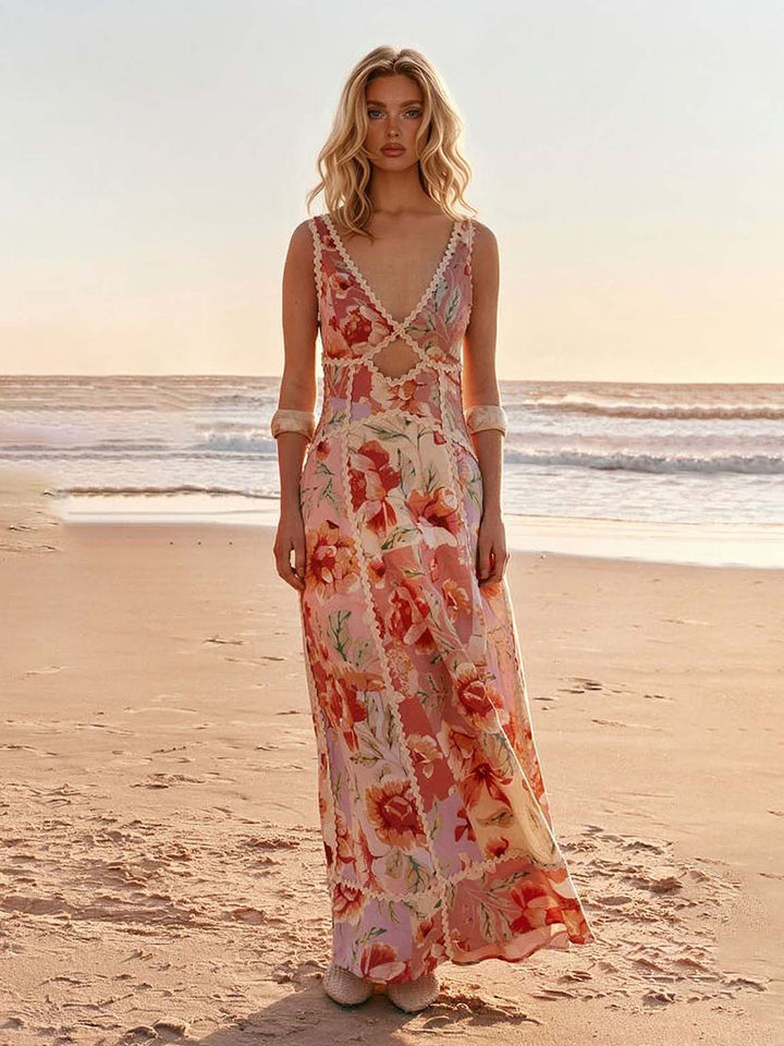 Exquisite Printed Cutout V-Neck Lace Trim Maxi Dress