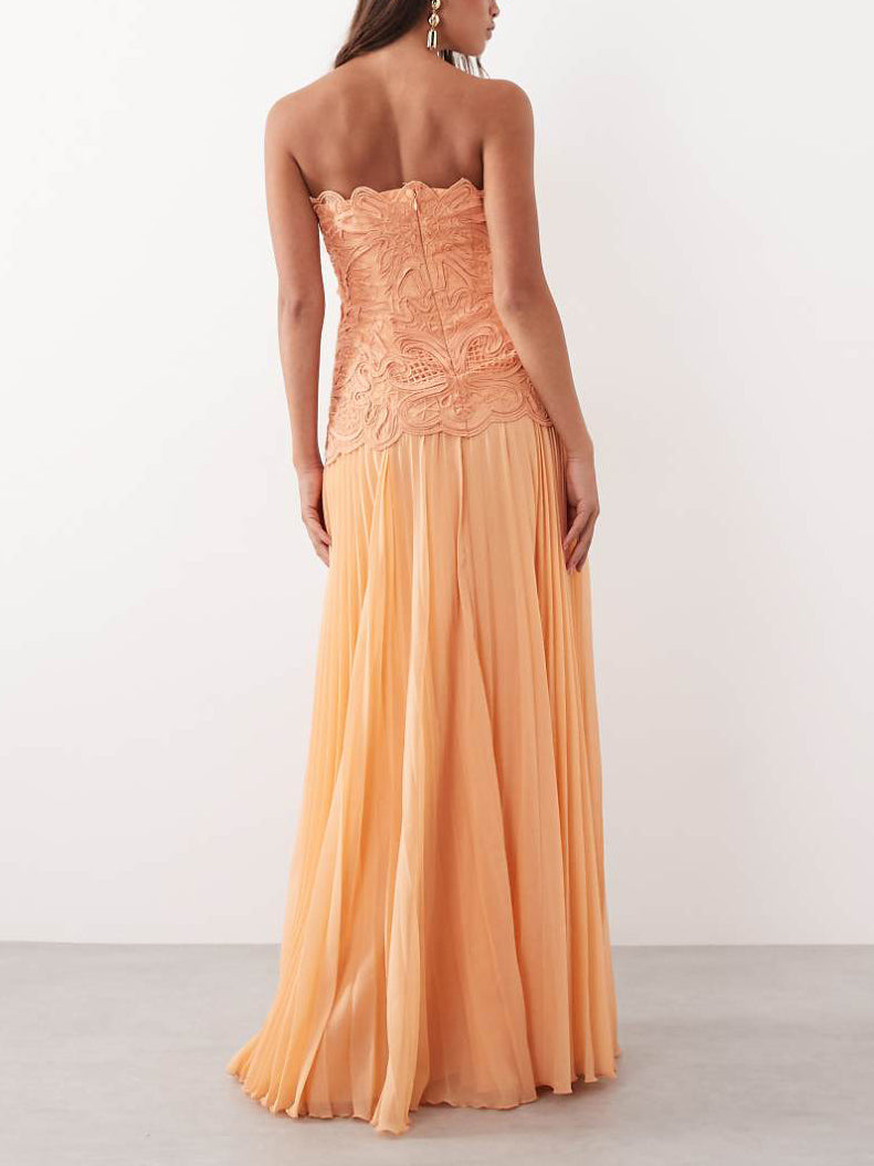 Elegant Strapless Lace Embroidered Maxi Dress