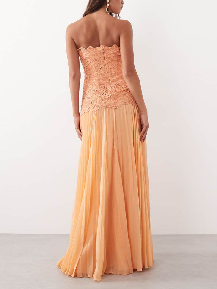 Elegant Strapless Lace Embroidered Maxi Dress