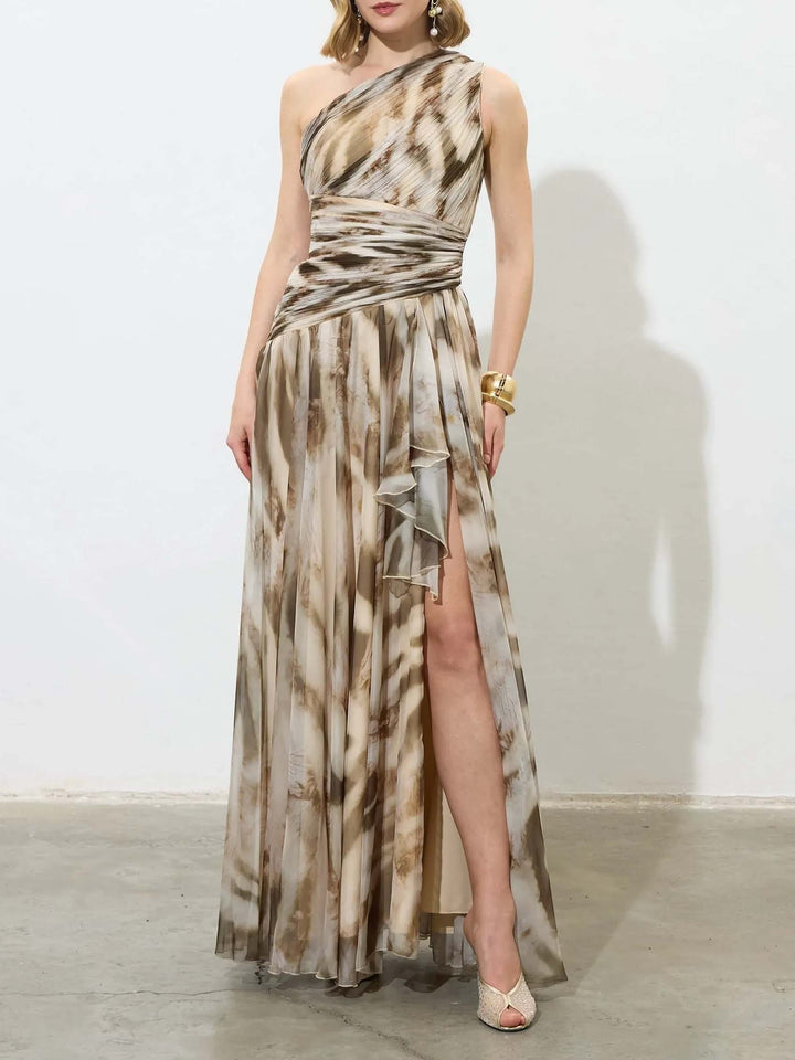 Elegant One-Shoulder Marble Print Chiffon Maxi Dress