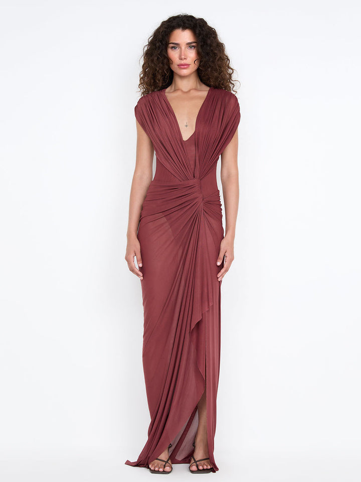 Elegant Deep V-Neck Draped Slit Maxi Dress