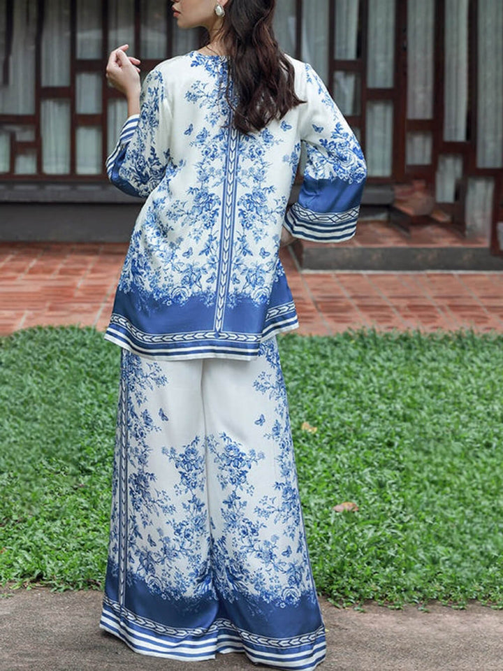 Classic Floral Print Patchwork Elastic Waist Wide-Leg Pants