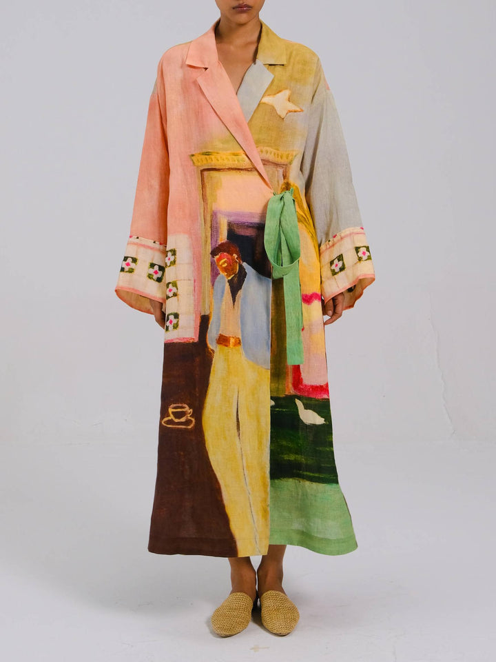 Unique Artistic Print Long Robe Style Maxi Dress