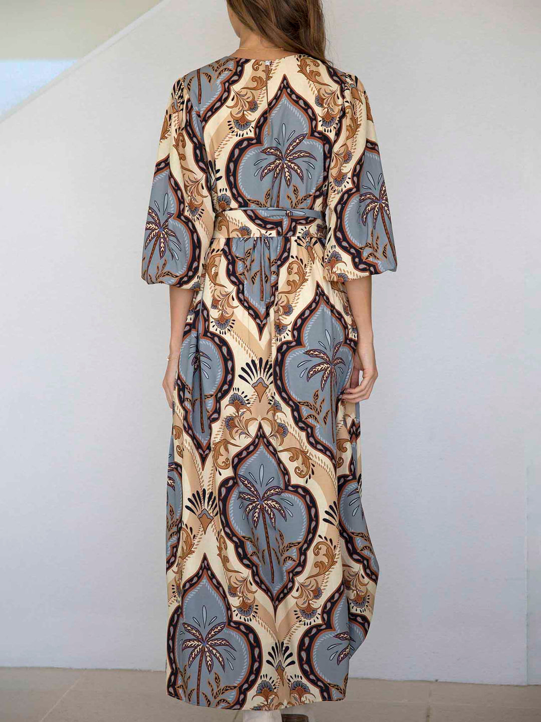 Elegant Vintage Palm Print Belted Maxi Dress