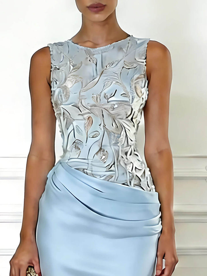 Elegant Blue Embroidery Satin Crew Neck Sleeveless Sheath Maxi Dress
