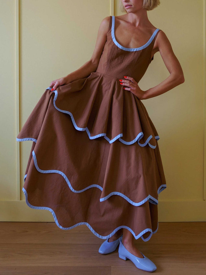 Elegant Color Trim Tiered Ruffle Sleeveless Maxi Dress