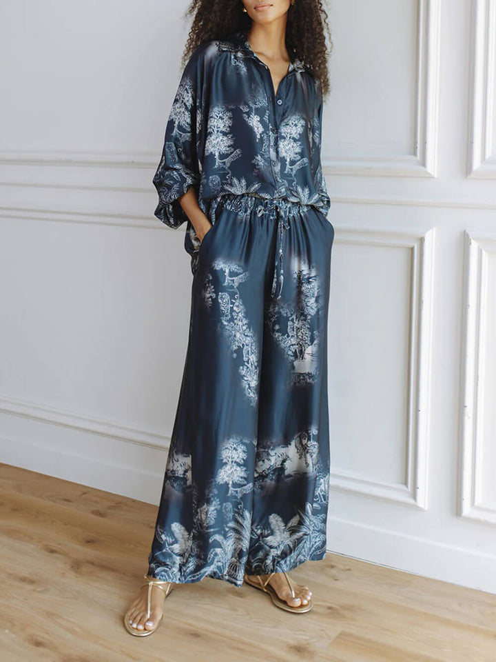 Unique Navy Blue Floral Print Loose-fitting Top with Elastic Waist and Wide-leg Pants Set